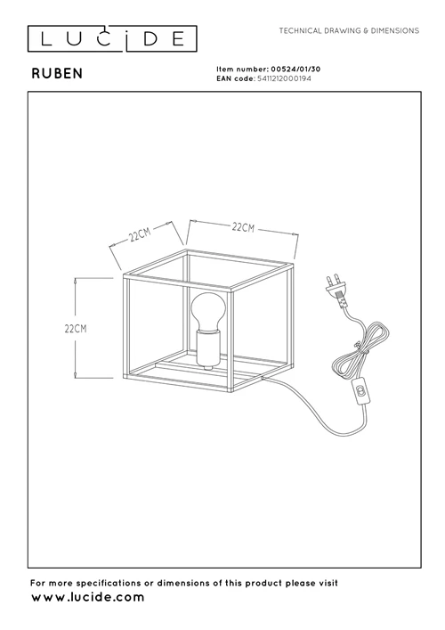Lucide RUBEN - Tafellamp - 1xE27 - Zwart - technisch